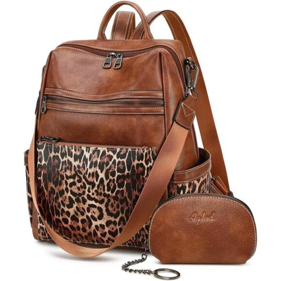 Handbags - Vegan Leather Backpack for Women Leopard Brown